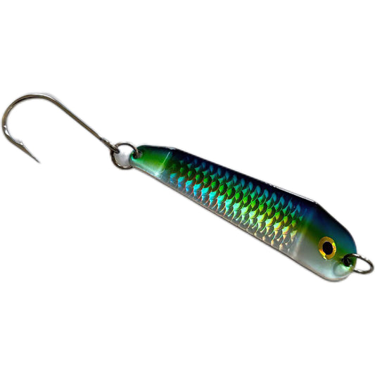 Metallic fishing lure with a hook on a white background. Spirit Lures Loony Spoon MAX Herring Aid.