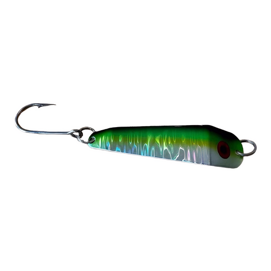 Fishing lure with a green and blue pattern on a white background