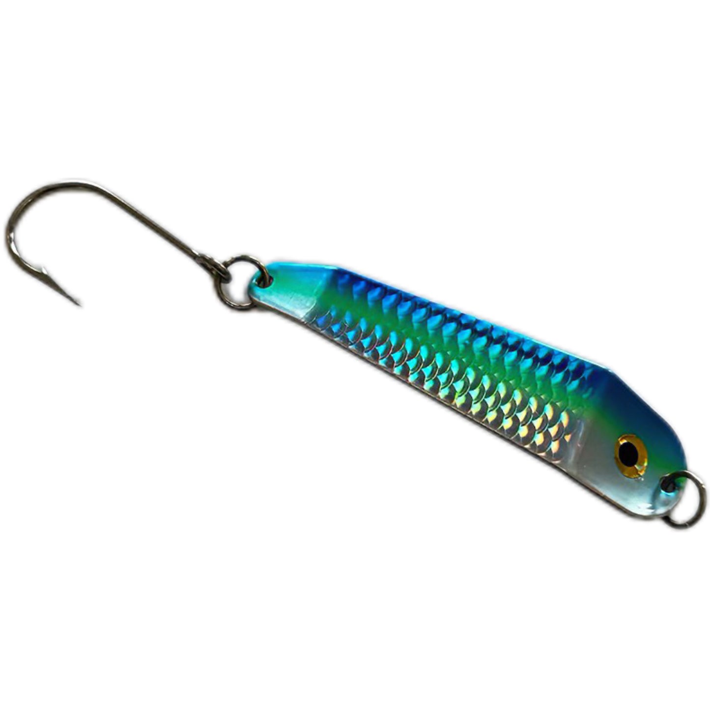 Metallic blue and green fishing lure on a white background. Spirit Lures Loony Spoon MAX Blue Dorado.
