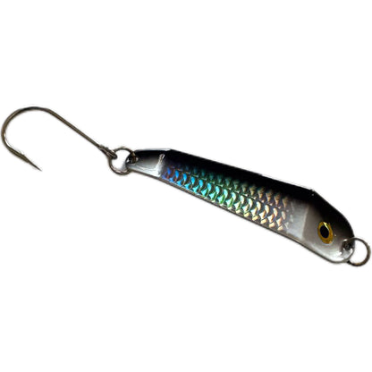Metallic fishing lure with a hook on a white background. Spirit Lures Loony Spoon MAX- Cop Car