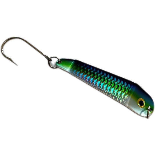 Metallic fishing lure with a hook on a white background. Spirit Lures Loony Spoon MAX