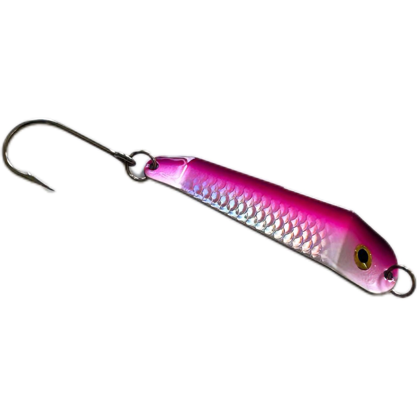 Pink and silver fishing lure on a white background. Spirit Lures Loony Spoon Max Purple Dawn.