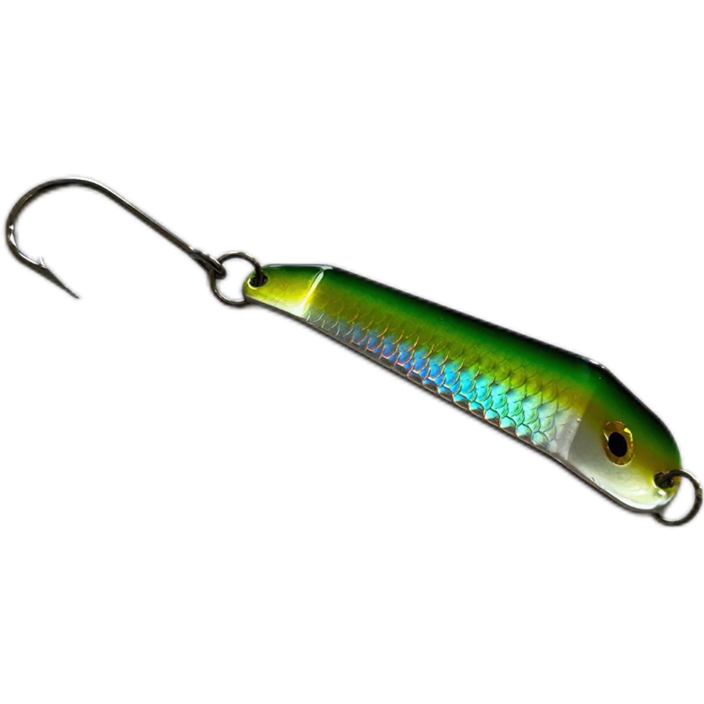 Green and silver fishing lure on a white background. Spirit Lures Loony Spoon MAX Green Hornet.