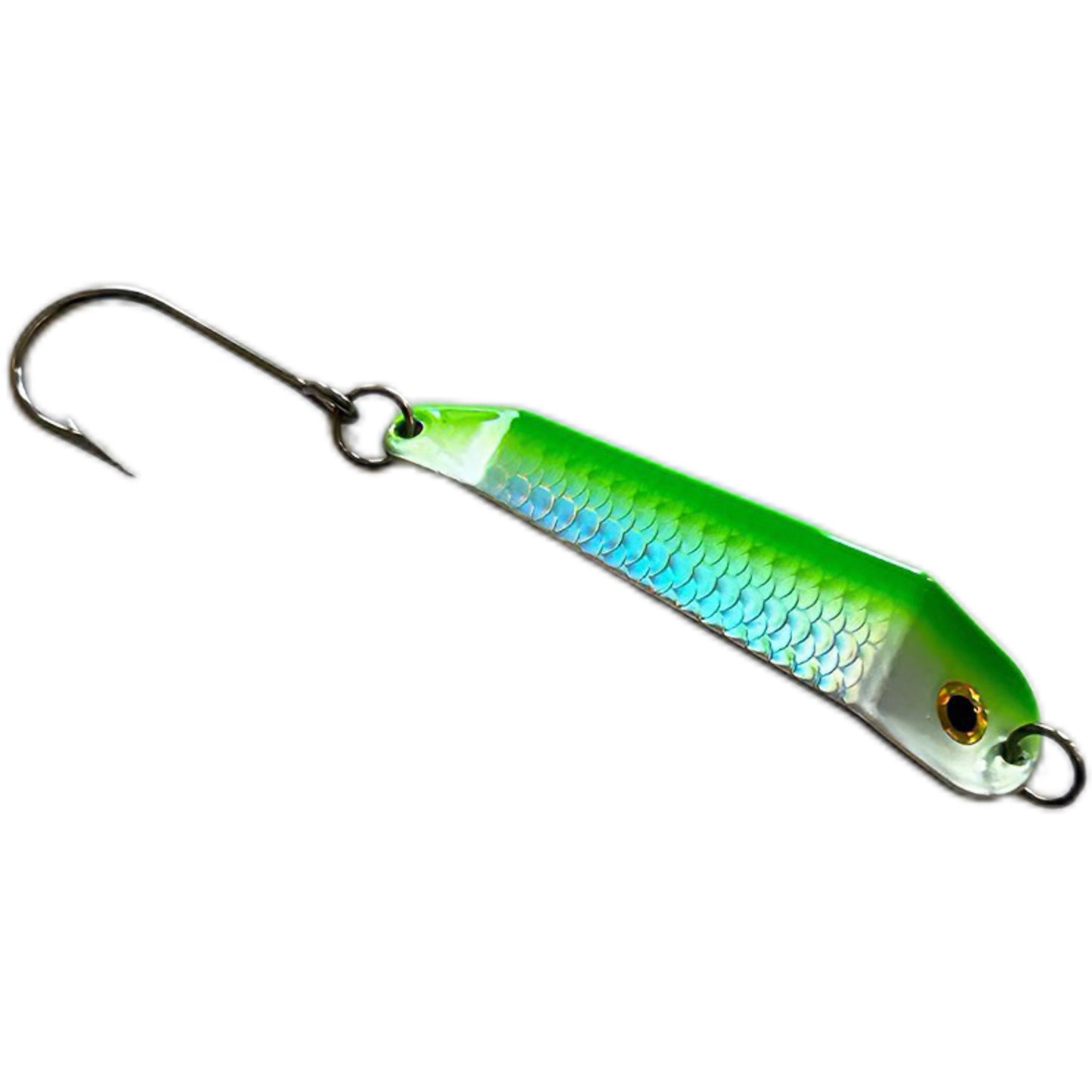 Green and blue metallic fishing lure on a white background. Spirit Lures Loony Spoon MAX Lemon Lime