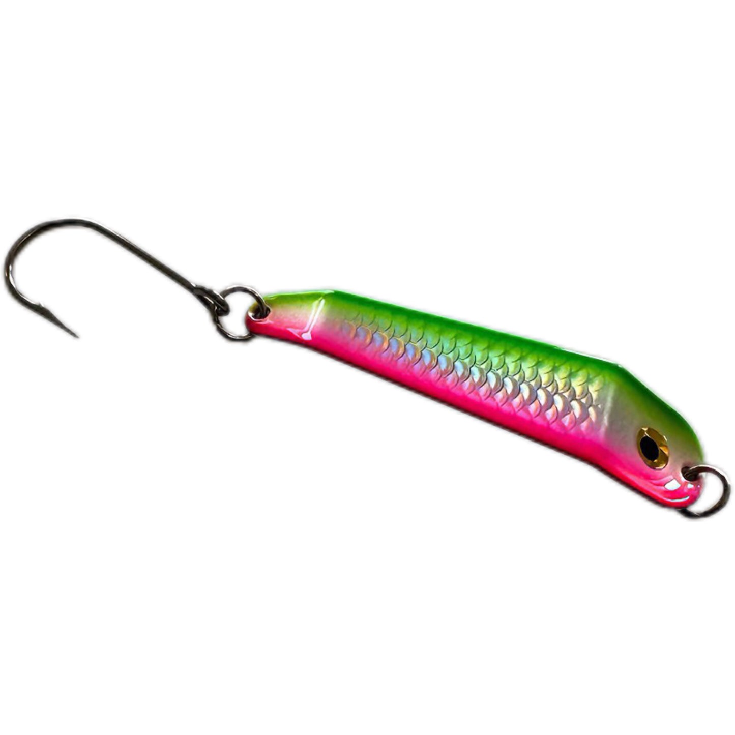 Colorful fishing lure with pink and green body on a white background. Spirit Lures Loony Spoon MAX - Supermelon.