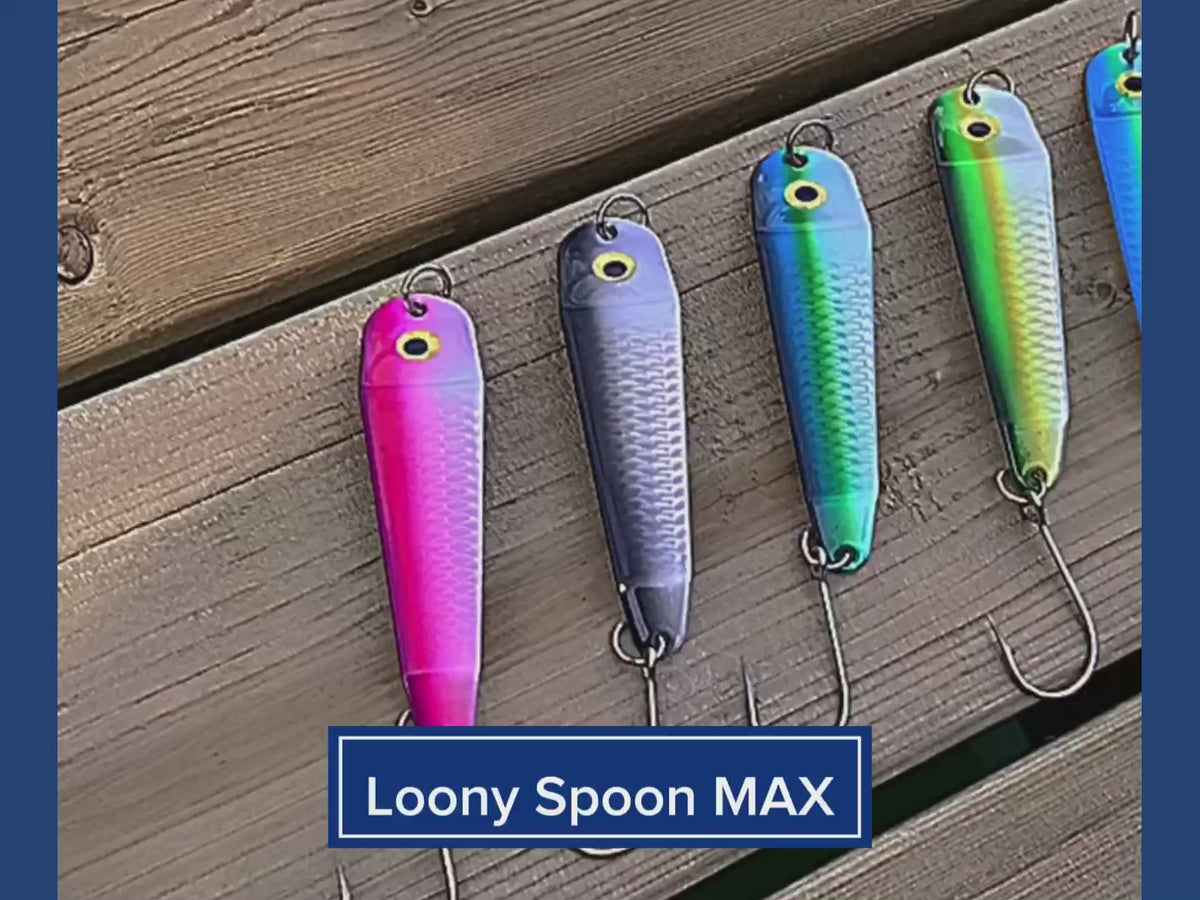 Load video: Loony Spoon MAX fishing lure video showing nine colors each with 3D high-chroma UV scale pattern.